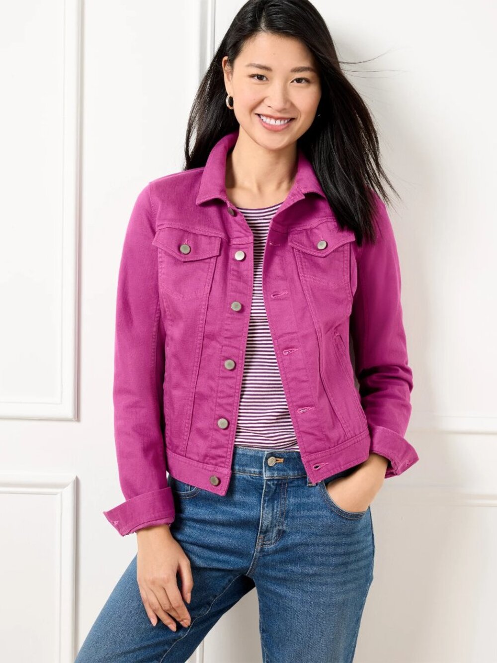Talbots classic lightweight preppy fuschia pink denim jean jacket, petite large